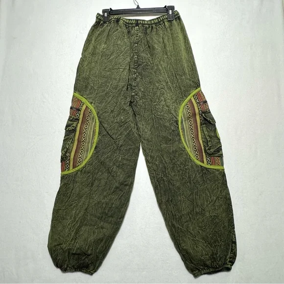Kathmandu Olive Stonewashed Trousers Cargo Pants w/Tribal Patterns Harem Hippie - Picture 13 of 16